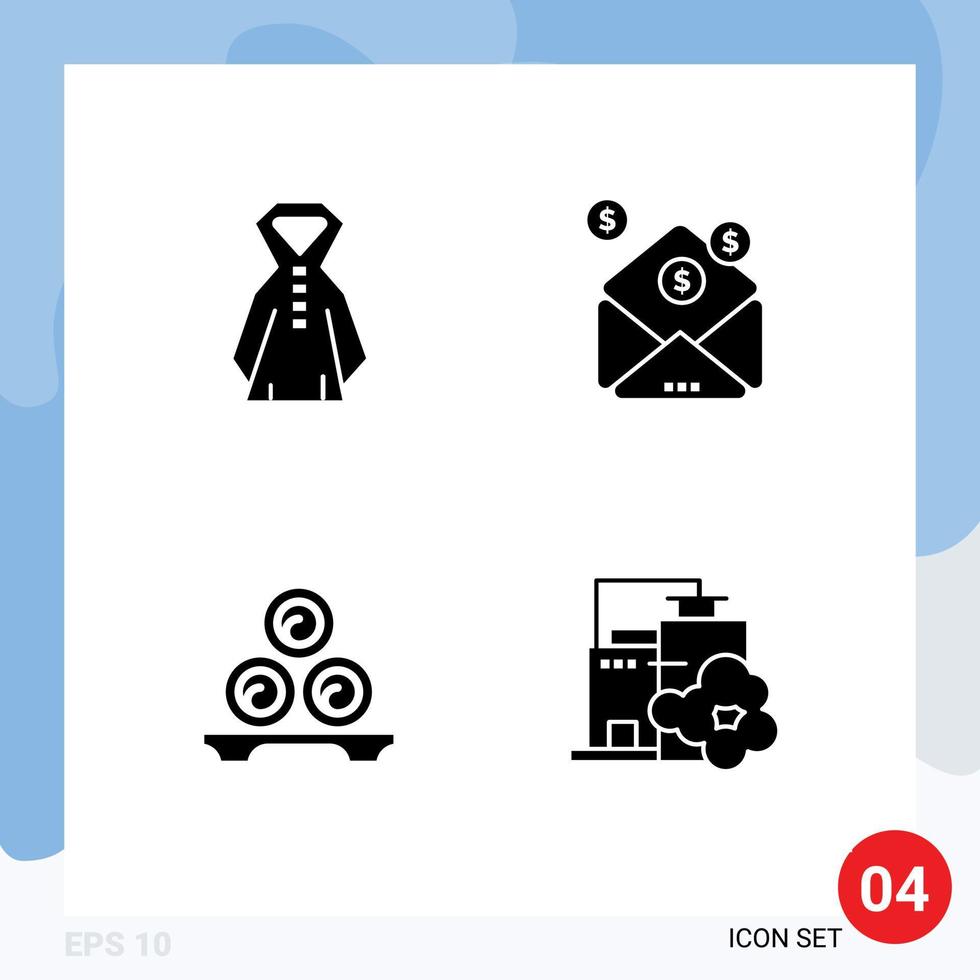 4 solides Glyphenpaket der Benutzeroberfläche mit modernen Zeichen und Symbolen für Kleidung, Entspannung, Geschäftsnachrichten, Handtücher, editierbare Vektordesign-Elemente vektor