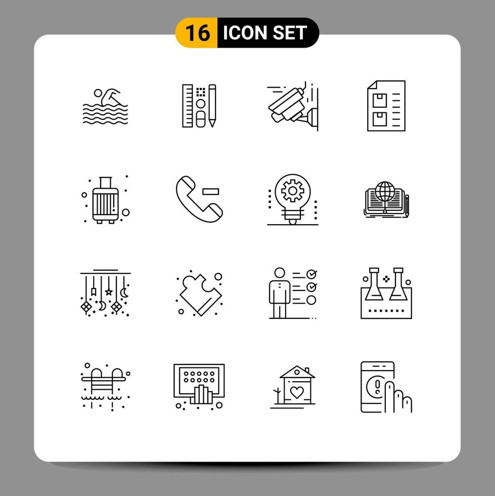 Gruppe von 16 Umrissen Zeichen und Symbole für Gepäckliste Bildungsdokument prüfen editierbare Vektordesign-Elemente vektor