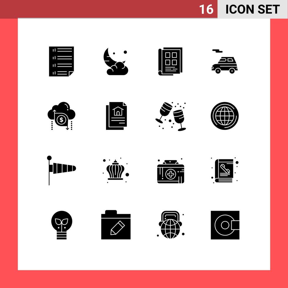 modern uppsättning av 16 fast glyfer och symboler sådan som transport bil moln telefon bok papper redigerbar vektor design element