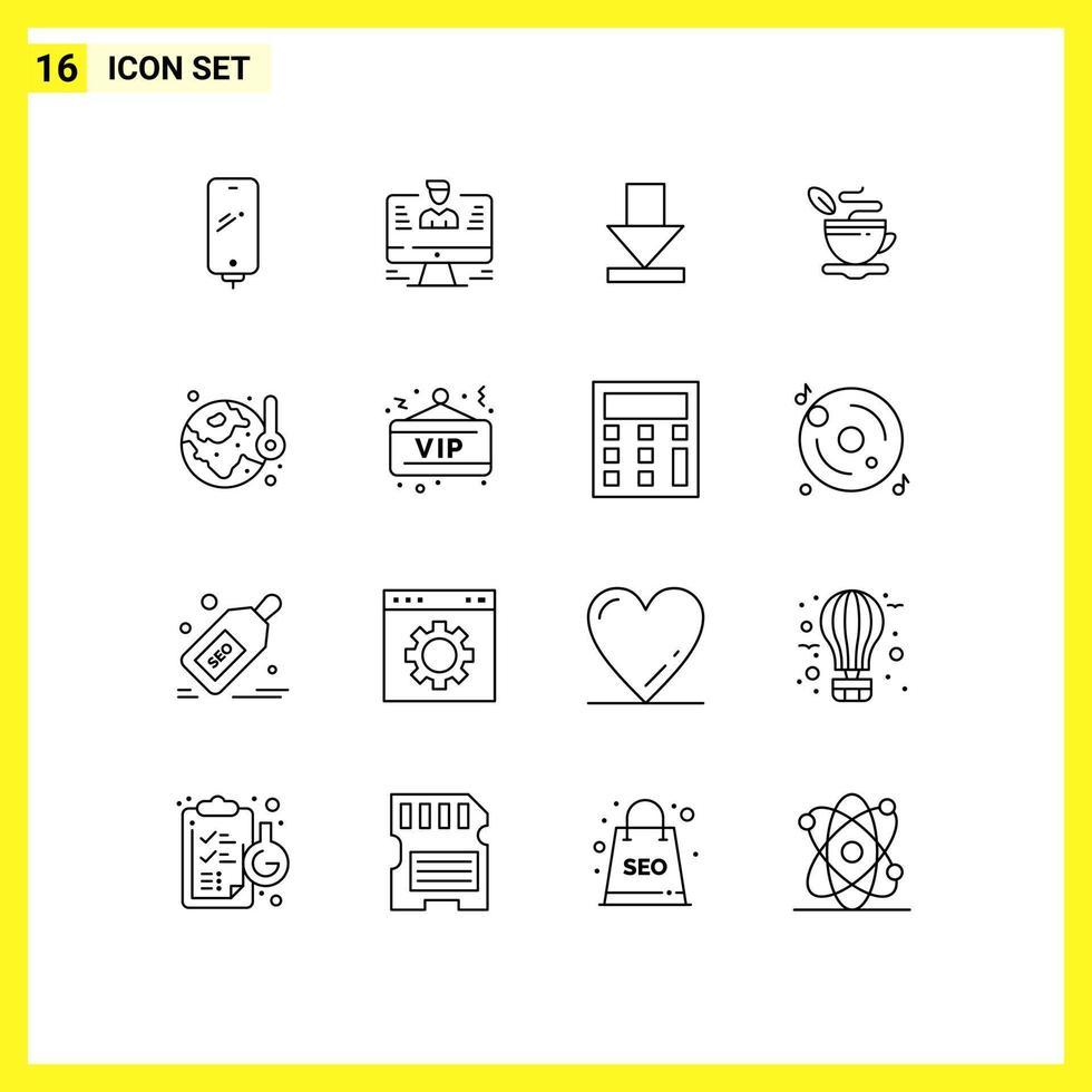 Stock Vektor Icon Pack mit 16 Zeilen Zeichen und Symbolen für Earth Day Hot Report Cup Download editierbare Vektordesign-Elemente