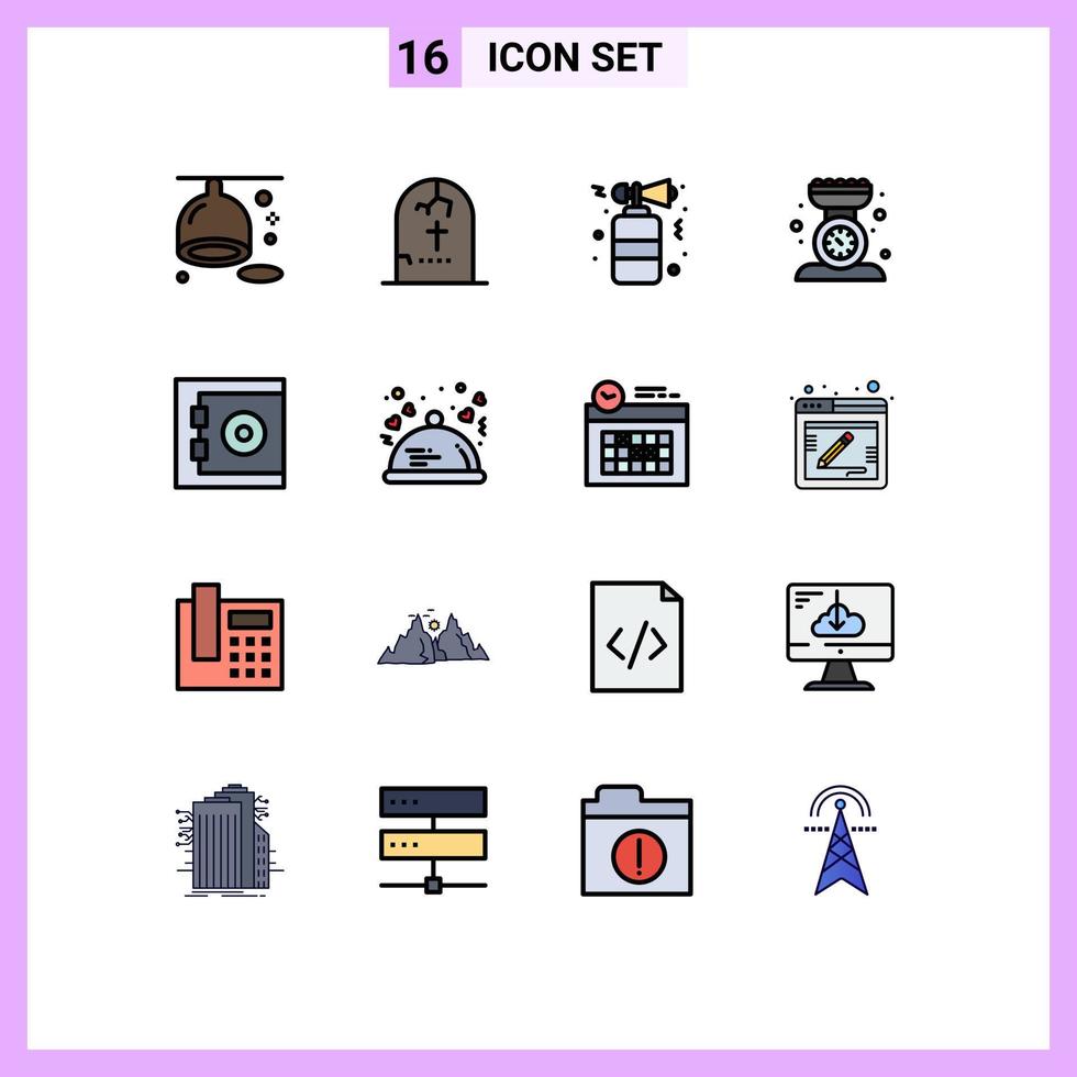 Gruppe von 16 flachen, farbgefüllten Linien Zeichen und Symbole für maßstabsgetreue Küchenreligion Kochparty editierbare kreative Vektordesign-Elemente vektor