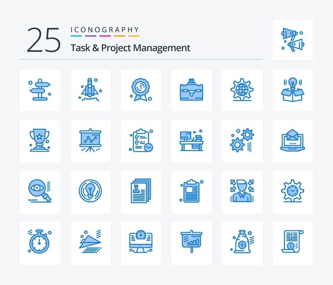 Aufgaben- und Projektmanagement 25 blaues Symbolpaket inklusive Einstellung. Internet. Auszeichnungsabzeichen. Gang. Tourist vektor