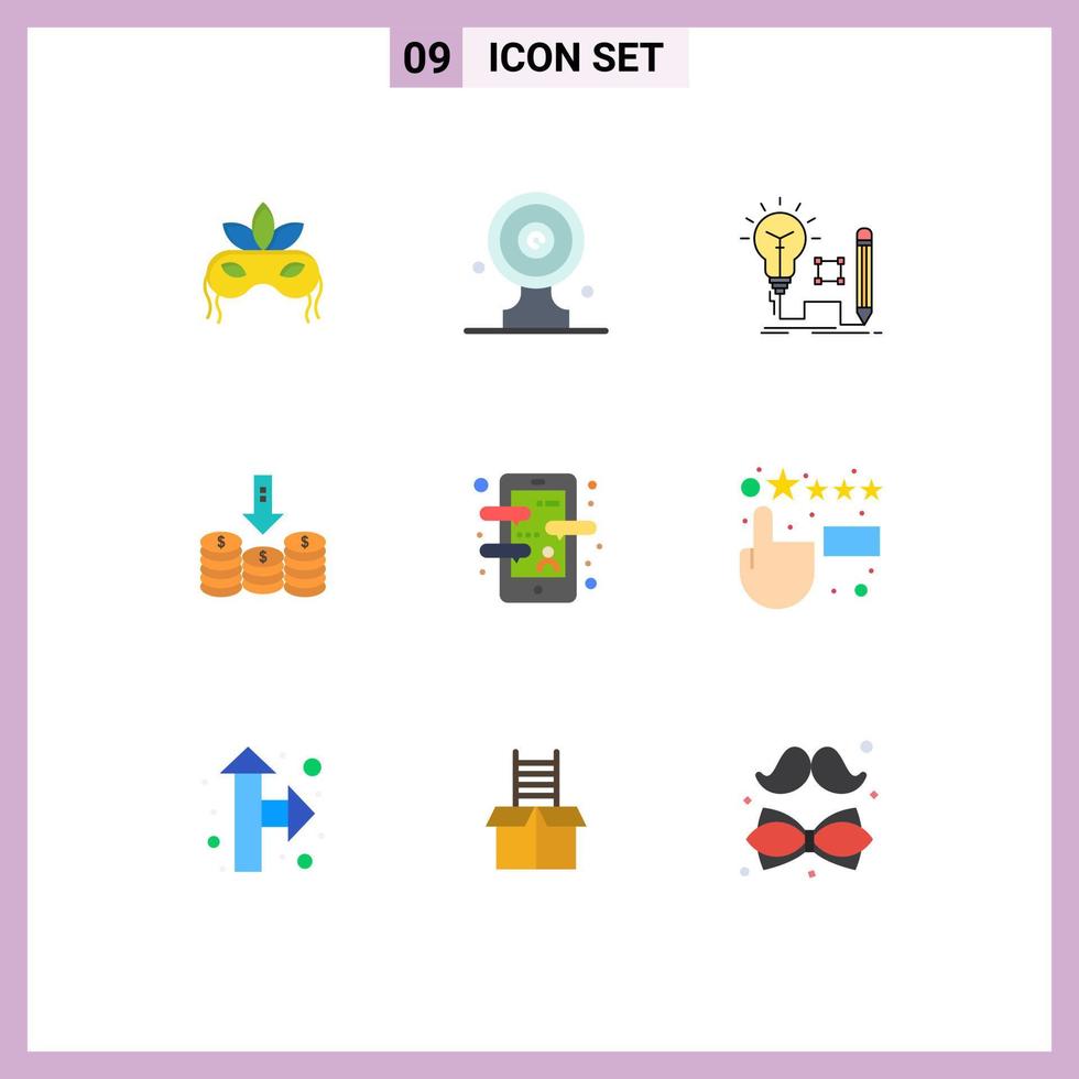 Flache Farbpackung mit 9 universellen Symbolen für Down-Cash-Zieltafel-Münzen-Lampe editierbare Vektordesign-Elemente vektor