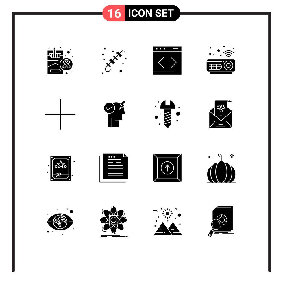 Piktogrammsatz aus 16 einfachen soliden Glyphen neuer Projektor-Sommer-Hardware-Website editierbare Vektordesign-Elemente vektor