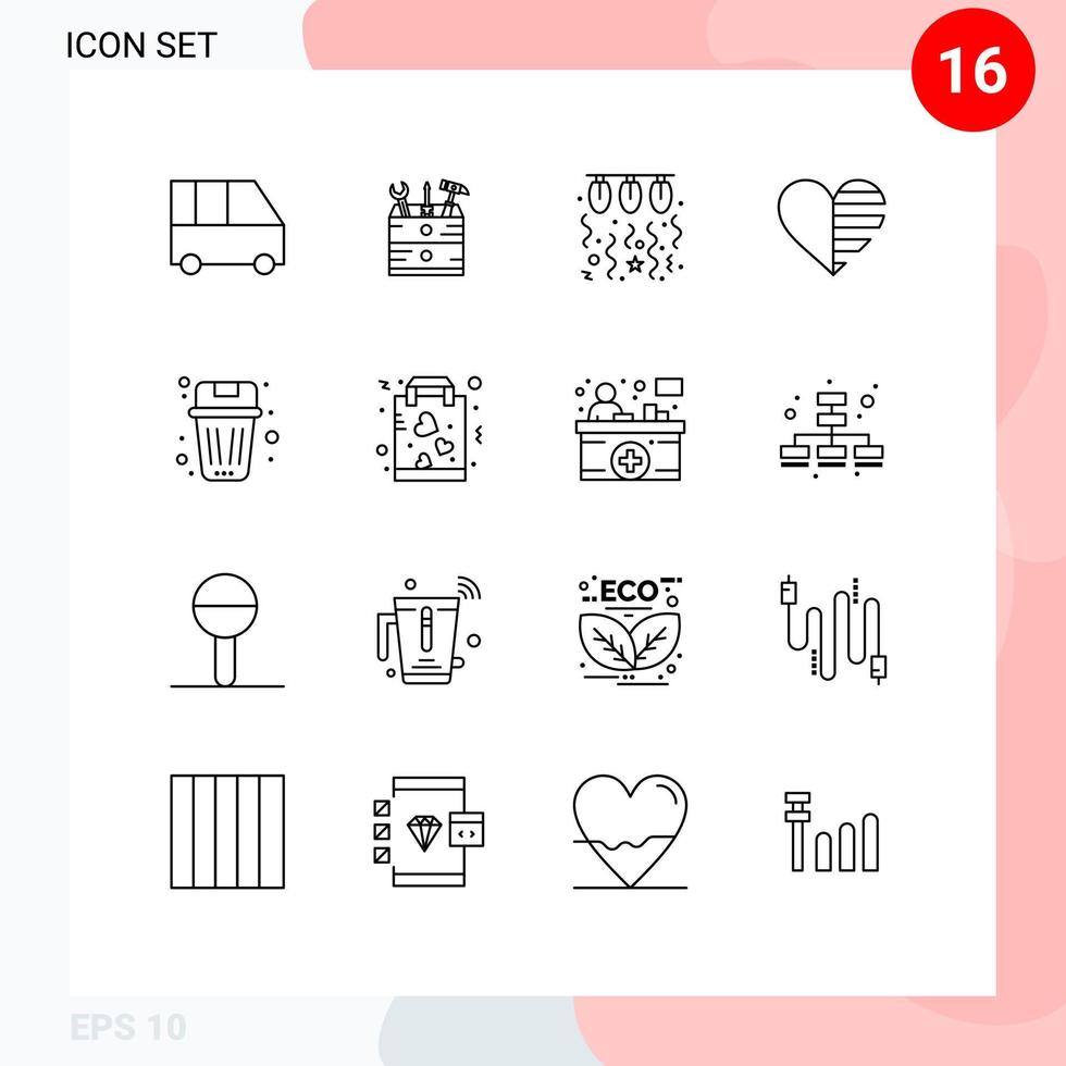 översikt packa av 16 universell symboler av gåva tycka om Glödlampa kärlek sträng redigerbar vektor design element