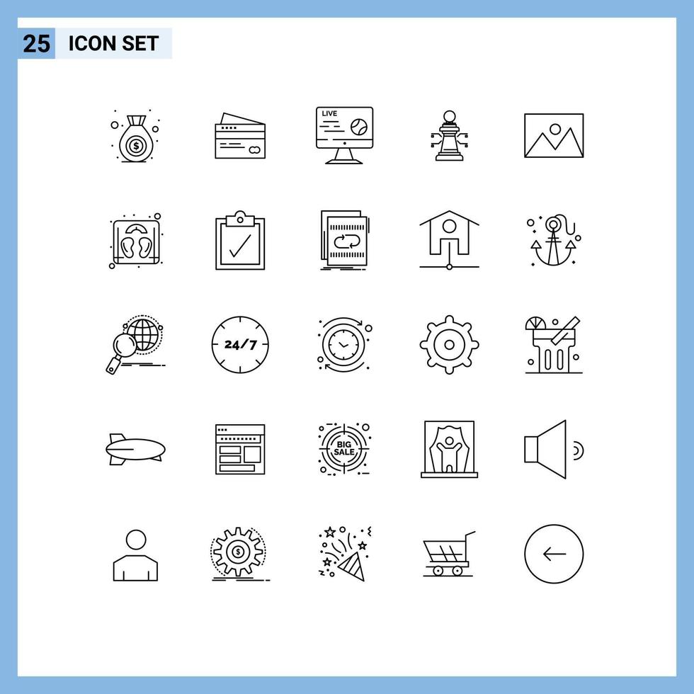 Stock Vector Icon Pack mit 25 Linienzeichen und Symbolen für Laptop-Stream-Finanzsport Live-editierbare Vektordesign-Elemente