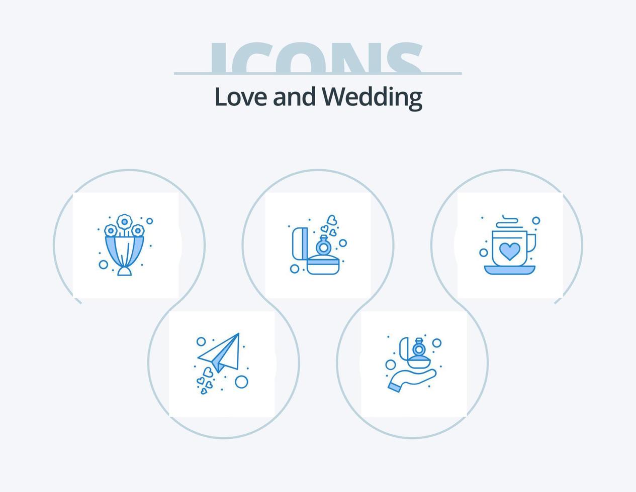 bröllop blå ikon packa 5 ikon design. ringa. diamant. ringa. låda. blommor vektor