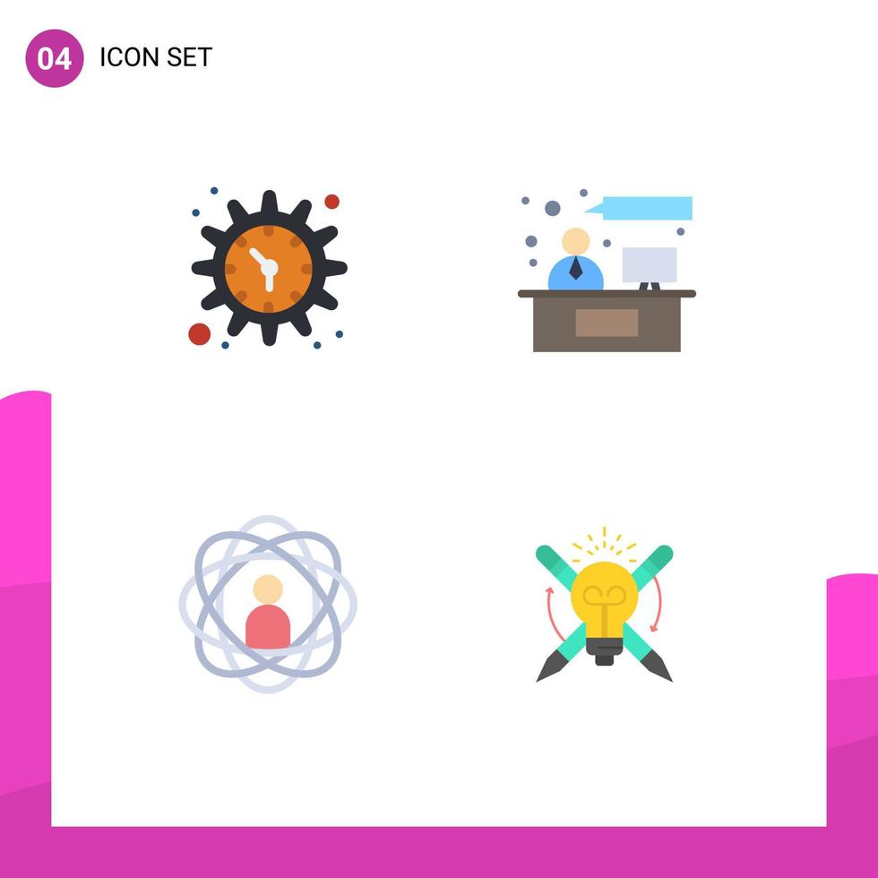 4 thematische Vektor-Flachsymbole und editierbare Symbole der Zahnradentwicklung beobachten Diskussionsforschung editierbare Vektordesign-Elemente vektor