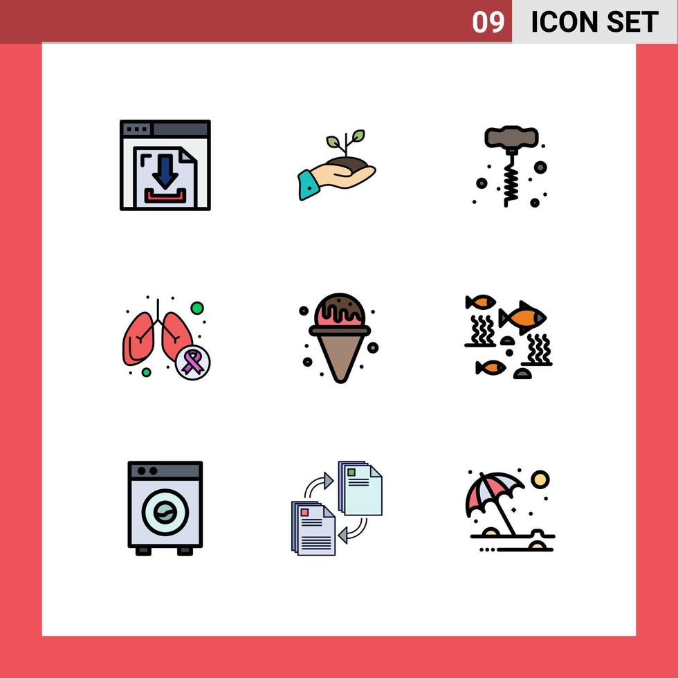 Gruppe von 9 modernen Filledline-Flachfarben, die für Lungenkrebs-Krankheitsdarlehenskrebs-Handbohrer editierbare Vektordesign-Elemente eingestellt werden vektor