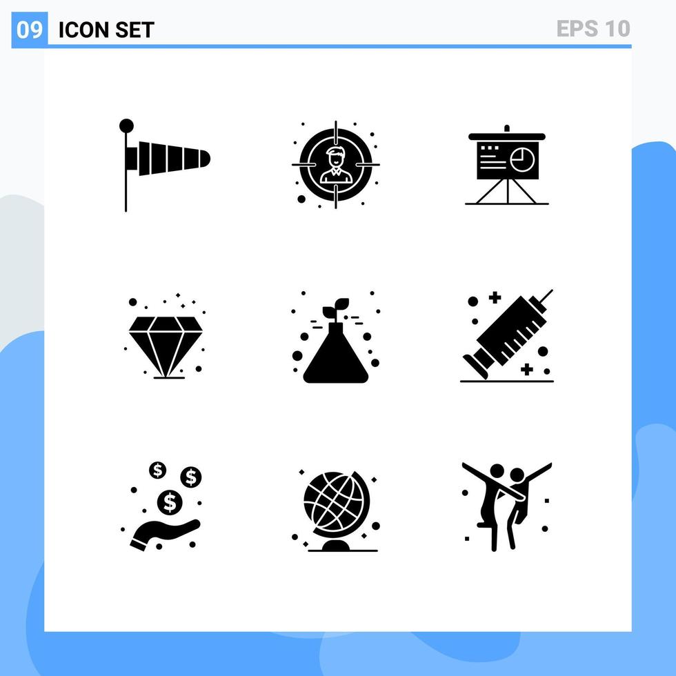 piktogram uppsättning av 9 enkel fast glyfer av rör vetenskap analys växt pärla redigerbar vektor design element