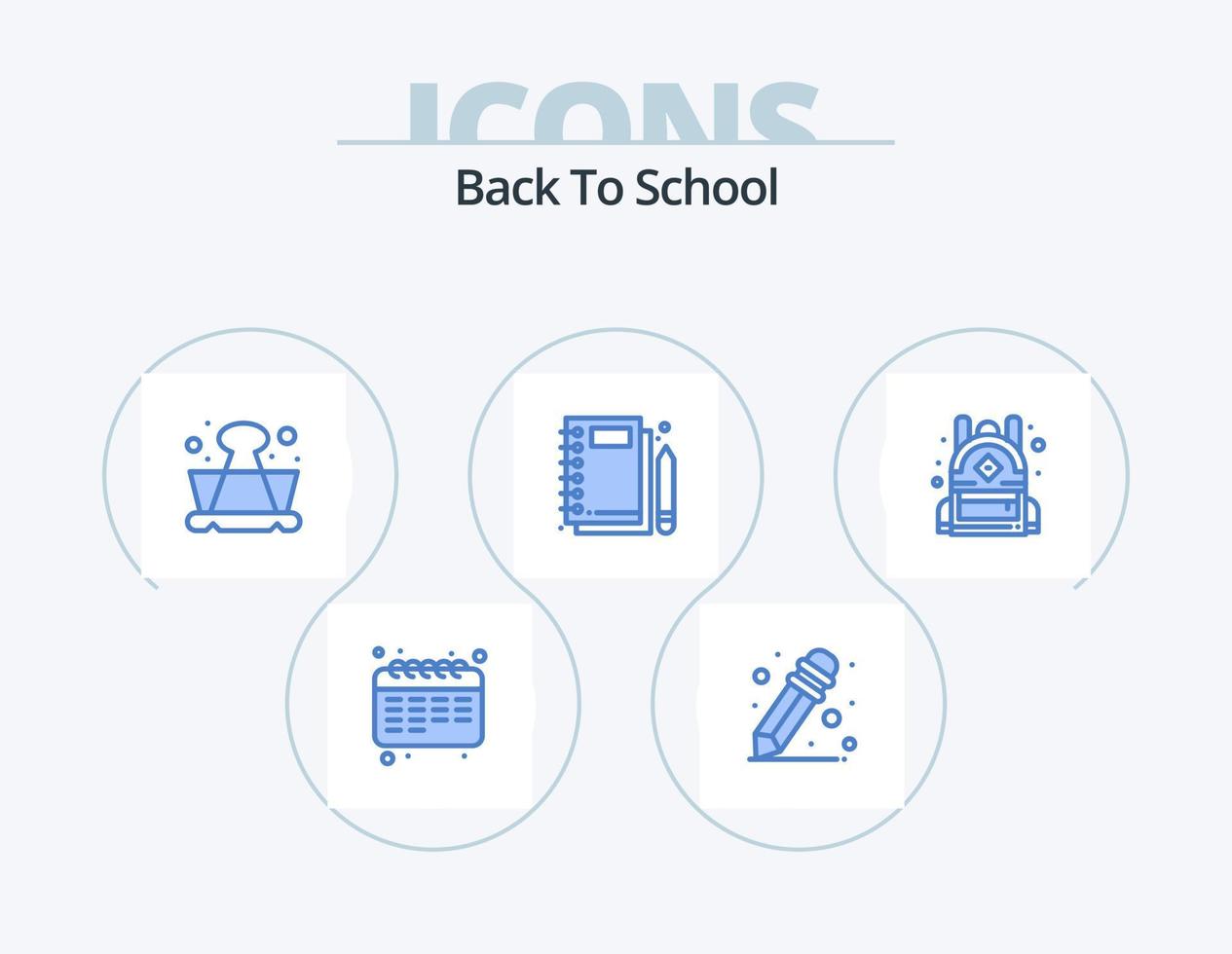 zurück zur Schule blau Icon Pack 5 Icon Design. Schule. Tasche. Lernen. Schreiben. Notizblock vektor