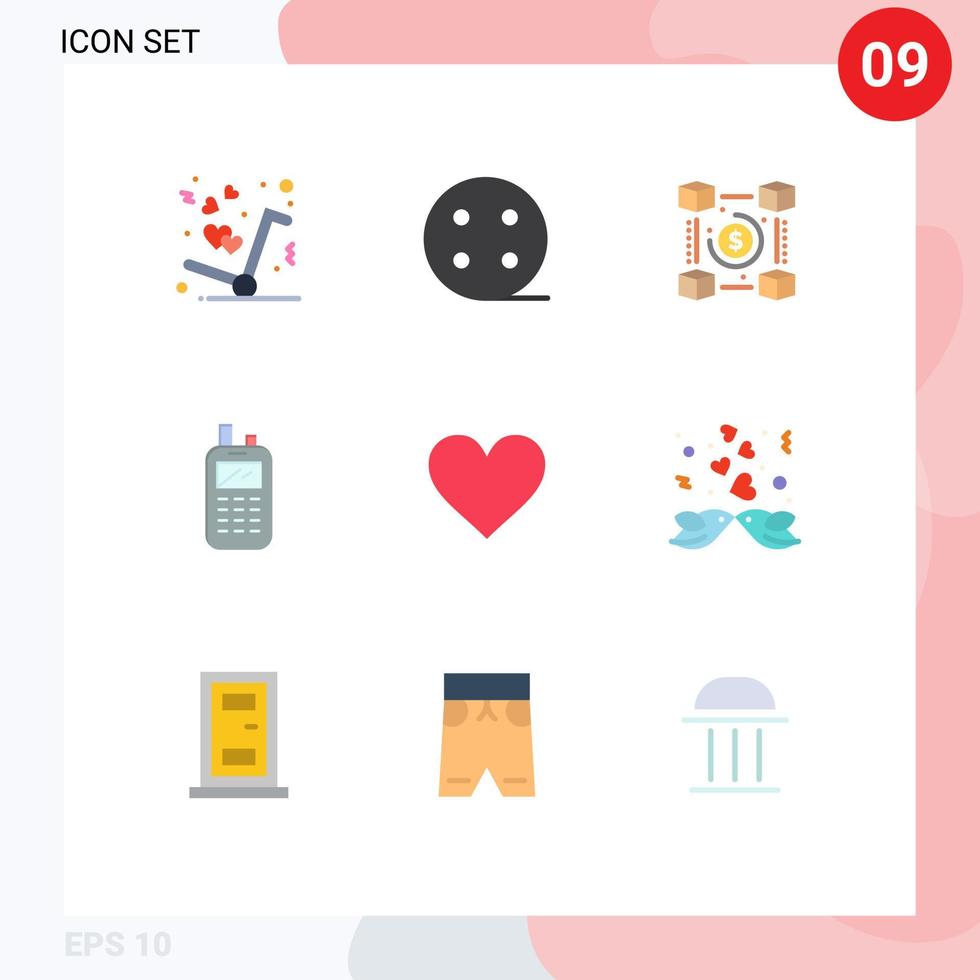 mobile schnittstelle flacher farbsatz von 9 piktogrammen von herzdrahtlosen währungsempfängertelefonen bearbeitbaren vektordesignelementen vektor