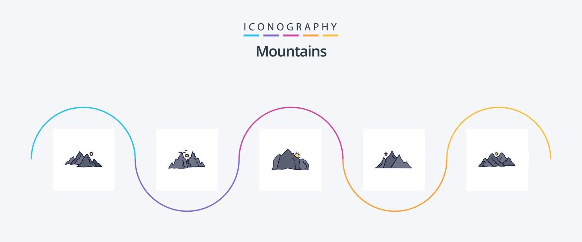 Berge Linie gefüllt Flat 5 Icon Pack inklusive Hügel. Berg. Berg. Sonne. Natur vektor