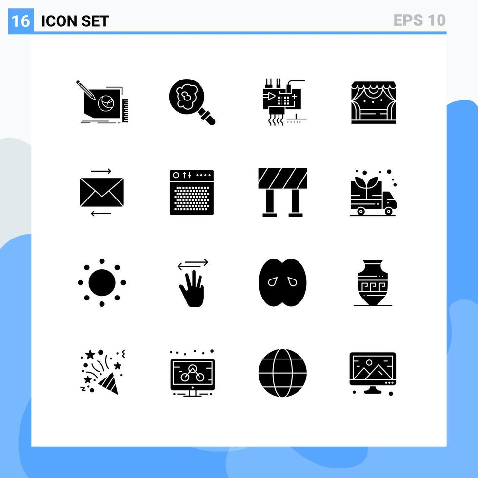 Packung mit 16 modernen Solid-Glyphen-Zeichen und -Symbolen für Web-Printmedien wie Nachrichtenbühnenmontage-Scheinwerferteile editierbare Vektordesign-Elemente vektor