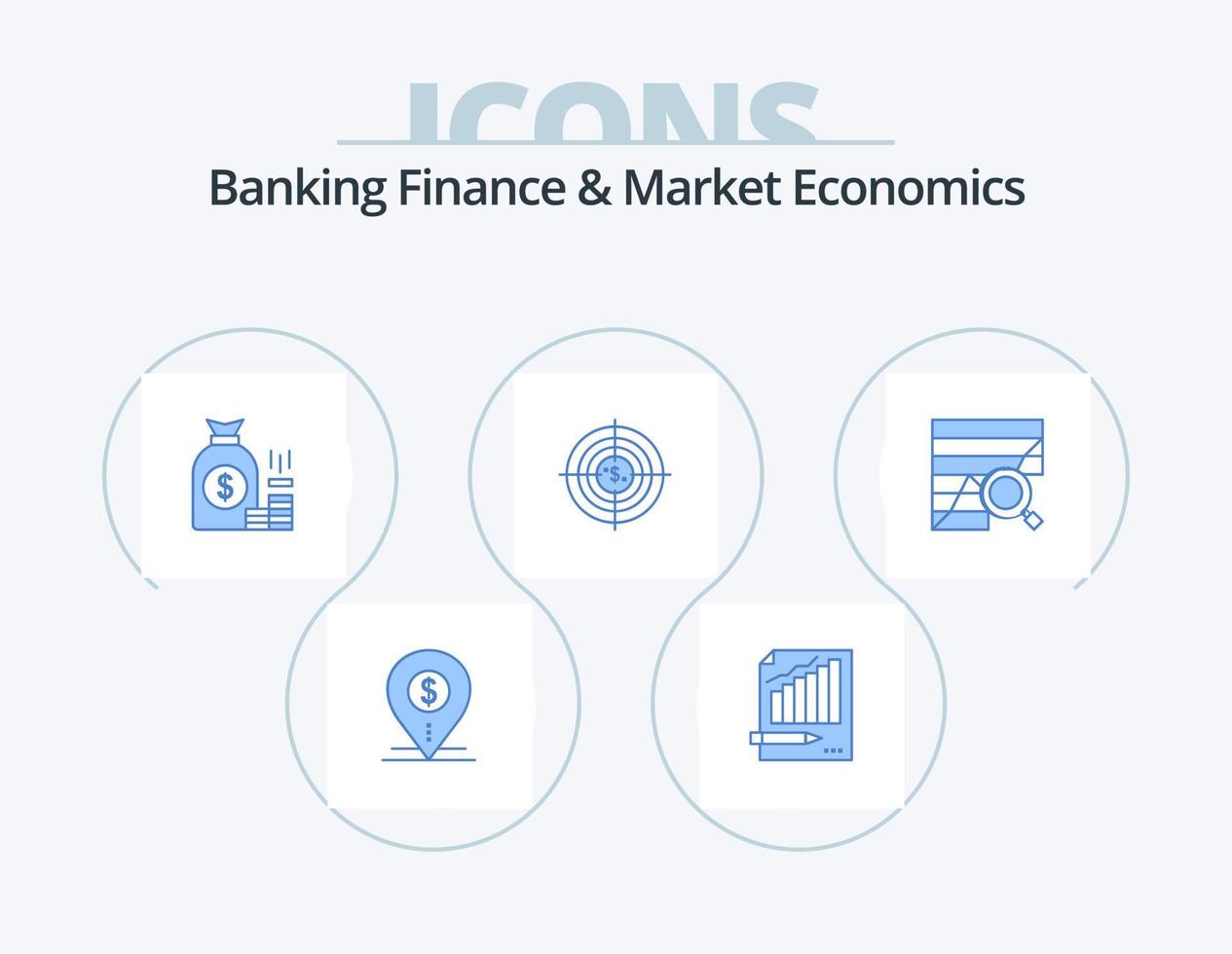 Banken, Finanzen und Marktwirtschaft blaues Icon Pack 5 Icon Design. Gold. Bank. Analytik. Tasche. Markt vektor