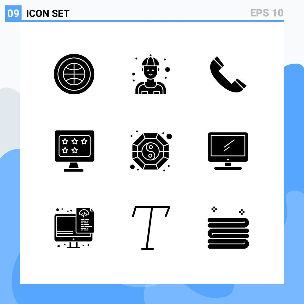 Gruppe von 9 soliden Glyphenzeichen und Symbolen für Fangratenreparaturmonitortelefon editierbare Vektordesignelemente vektor