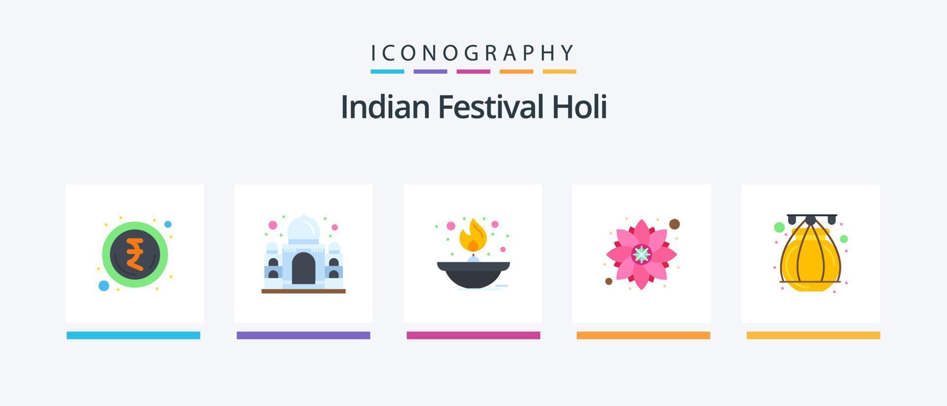 holi platt 5 ikon packa Inklusive pott. fest. brand. rangoli. dekoration. kreativ ikoner design vektor