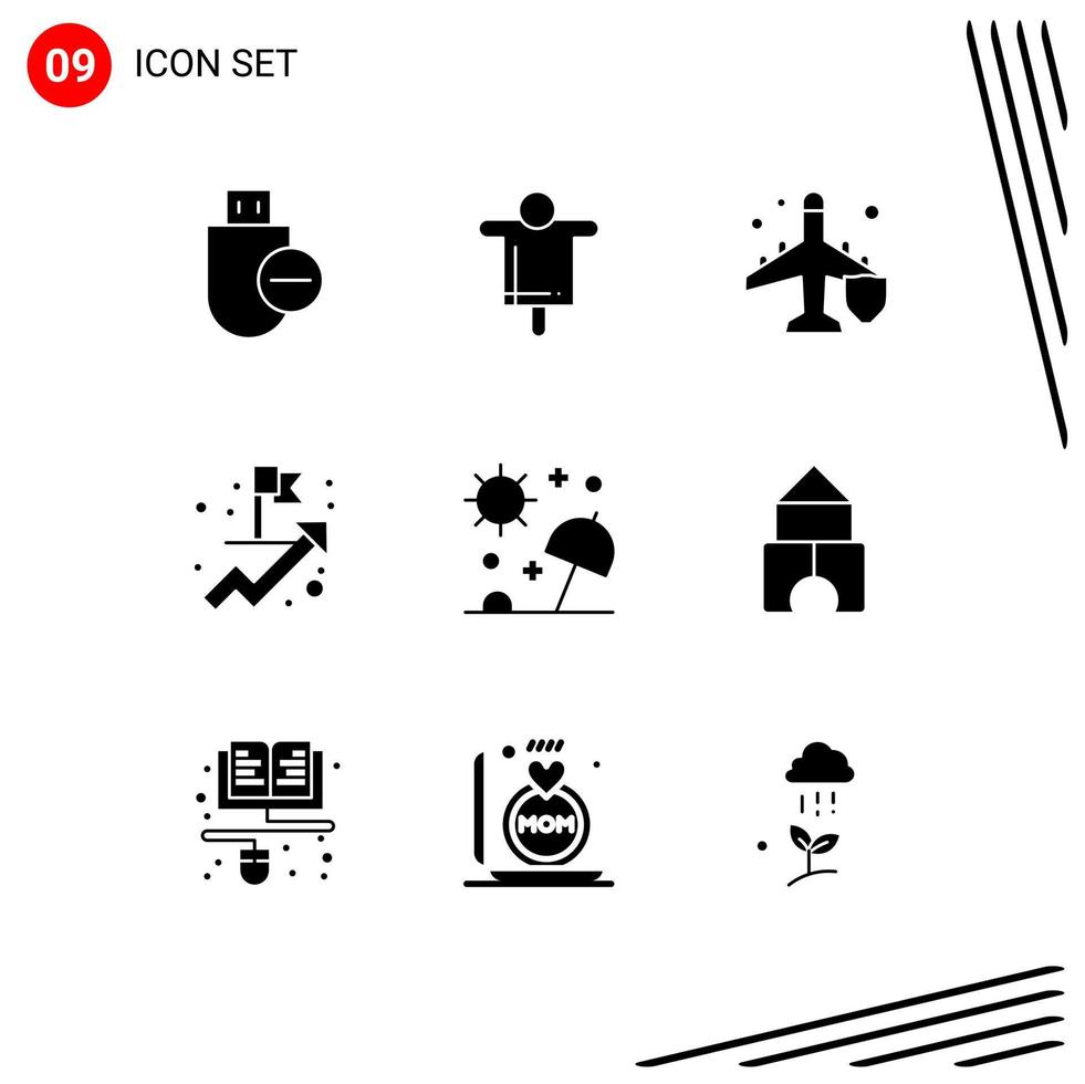 Solides Glyphenpaket mit 9 universellen Symbolen für den Schutz von Sonnenschirmen, Zielen, Vogelscheuchen, Geschäftsschutz, editierbare Vektordesign-Elemente vektor