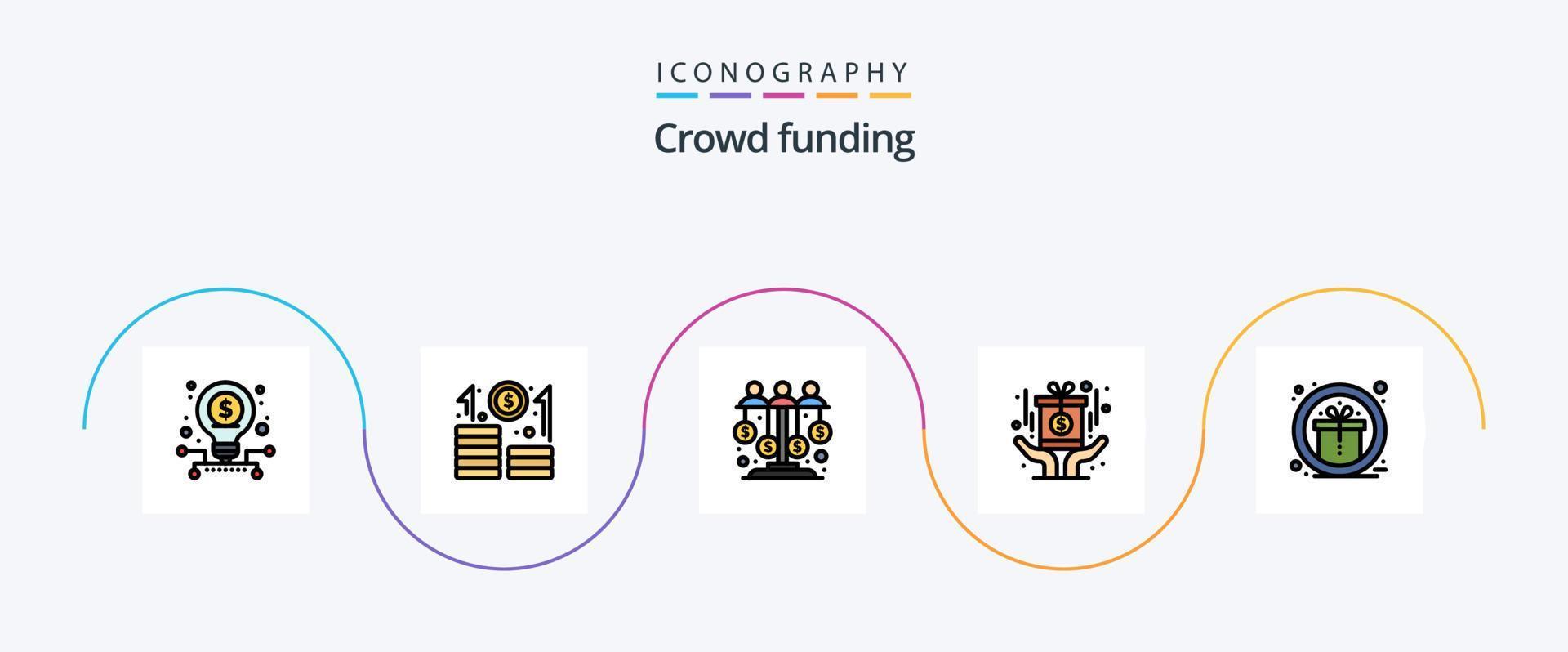 crowdfunding linje fylld platt 5 ikon packa Inklusive tilldela. pris. dollar. medalj. sponsor investering vektor