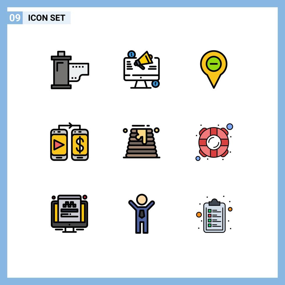 Filledline-Flachfarbpaket mit 9 universellen Symbolen für mobiles Megaphon des Geldes abzüglich bearbeitbarer Vektordesign-Elemente für die Navigation vektor