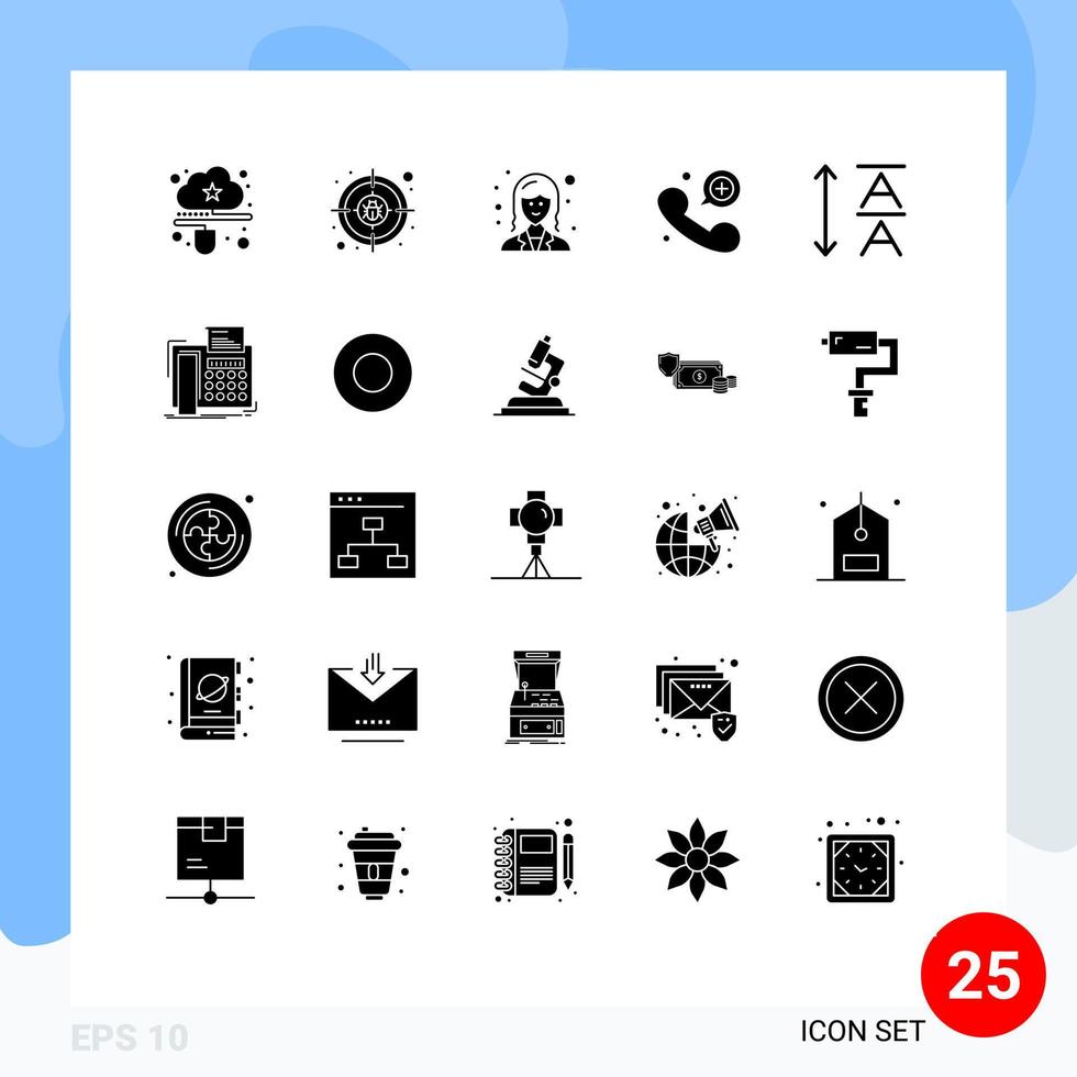 Packung mit 25 modernen Solid-Glyphen-Zeichen und -Symbolen für Web-Printmedien wie bearbeitbare Vektordesign-Elemente für Schriftarten für Notrufkontakte vektor