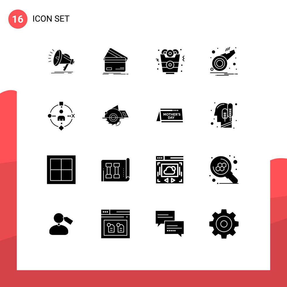 16 universelle solide Glyphen für Web- und mobile Anwendungen Pfeifbenachrichtigung Finanzalarm Fast Food editierbare Vektordesign-Elemente vektor