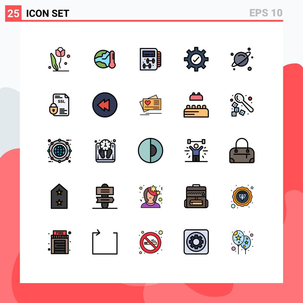 moderner Satz von 25 gefüllten Linien flachen Farben Piktogramm der Planeteneinstellung heiße Ausrüstung gesunde editierbare Vektordesign-Elemente vektor