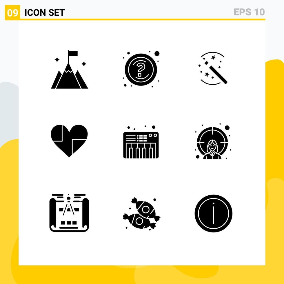 9 solides Glyphen-Konzept für mobile Websites und Apps Musik Lieblingstricks wie herzbearbeitbare Vektordesign-Elemente vektor