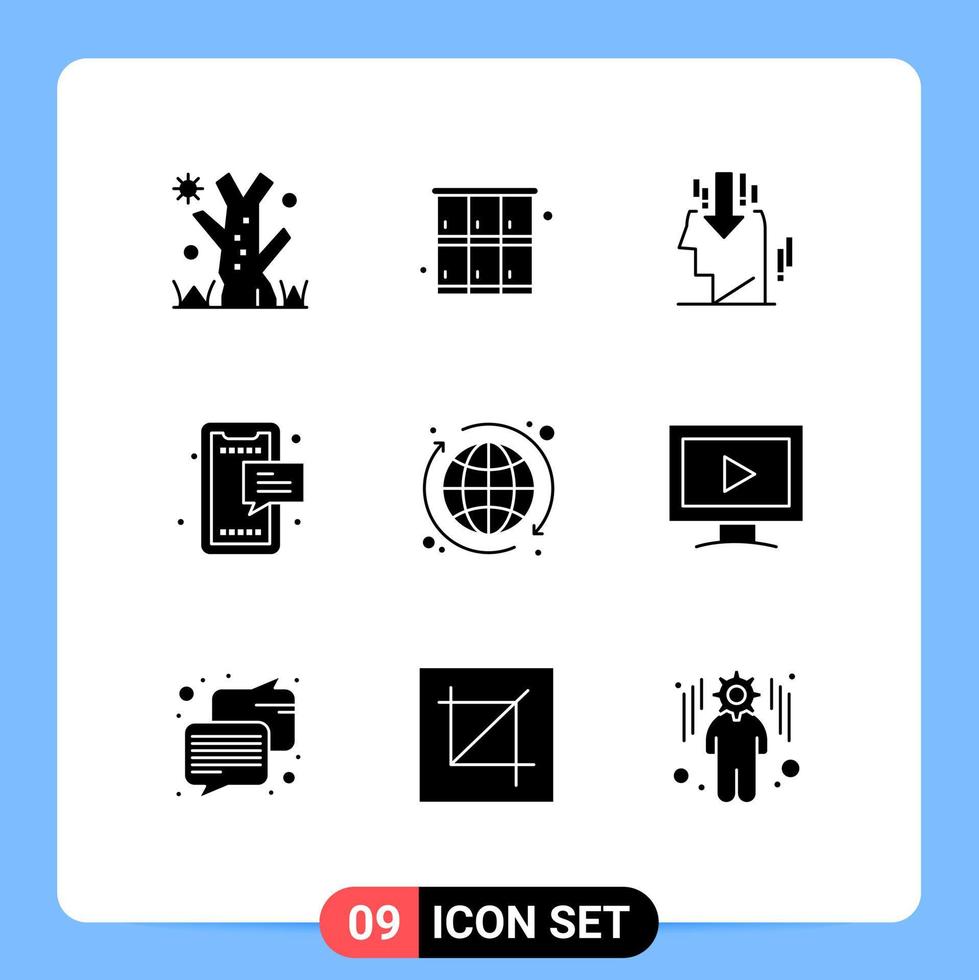 Benutzeroberflächenpaket mit 9 grundlegenden soliden Glyphen von Globe Phone Marketing Mobile Chat editierbare Vektordesign-Elemente vektor