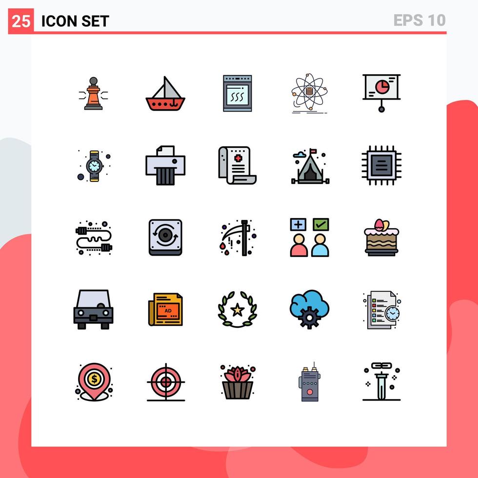 25 universelle, gefüllte Linien-Flachfarben für Web- und mobile Anwendungen, Datenkochsegel, Mikrowelle, editierbare Vektordesign-Elemente vektor