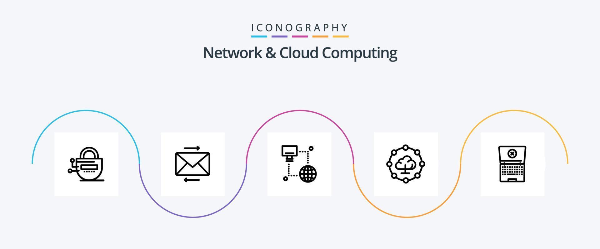 Netzwerk- und Cloud-Computing-Line-5-Icon-Pack einschließlich Technologie. Laptop. Internet. Aktie. Cloud Computing vektor