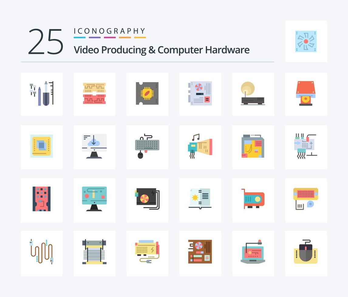 video producerar och dator hårdvara 25 platt Färg ikon packa Inklusive förbindelse. mor. cpu. moderkort. dator vektor