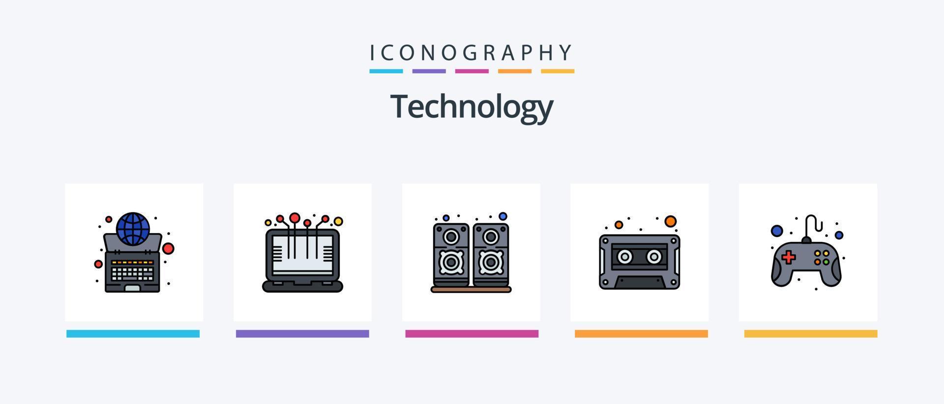 teknologi linje fylld 5 ikon packa Inklusive projektor. beamer. tangentbord. lins. Foto. kreativ ikoner design vektor