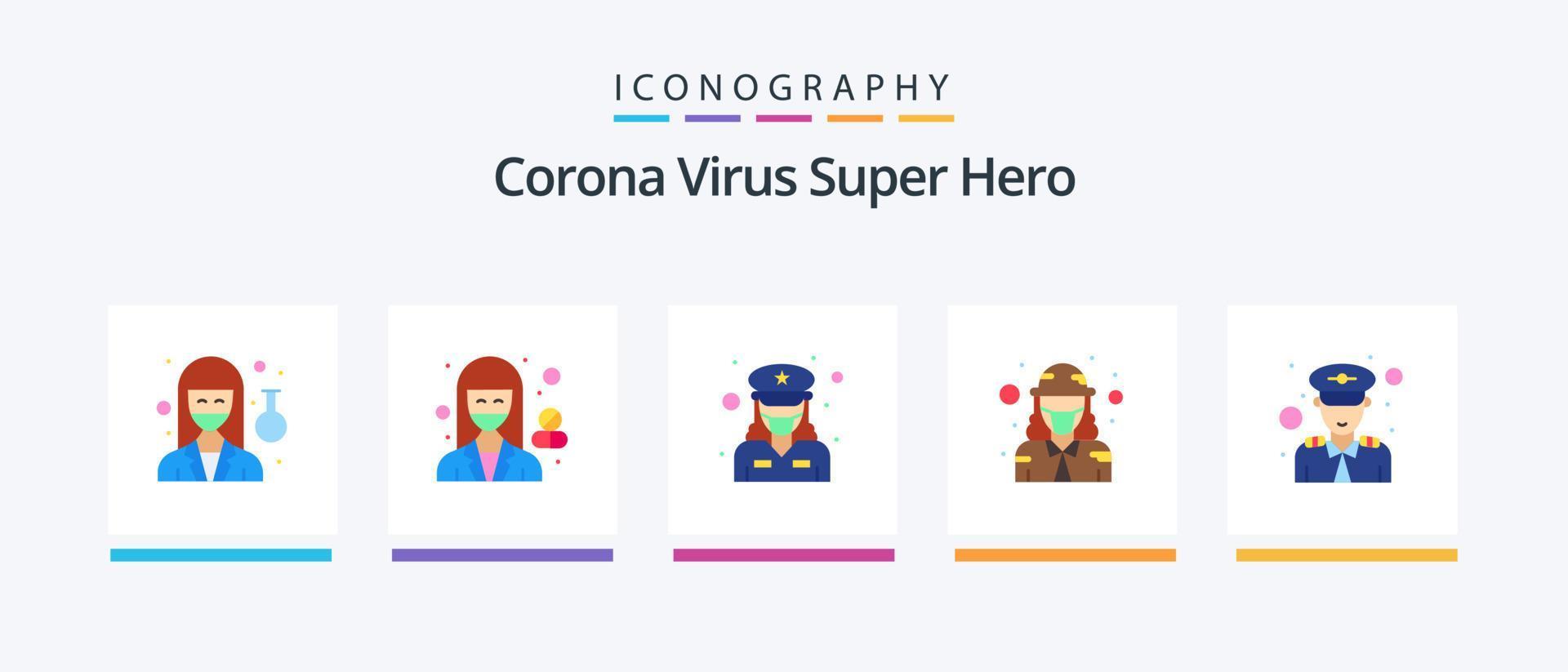 Corona-Virus-Superhelden-Flat-5-Icon-Pack inklusive Frau. Militär. Apotheker. Verteidigung. weiblich. kreatives Symboldesign vektor