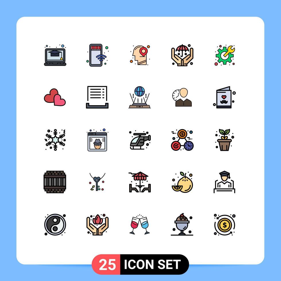 moderner Satz von 25 gefüllten flachen Farben Piktogramm von Schraubenschlüssel Zahnrad Position Zahnradversicherung editierbare Vektordesign-Elemente vektor