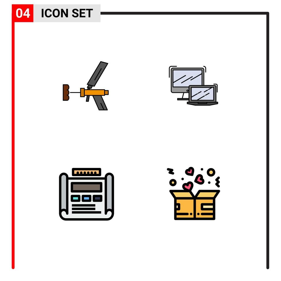 4 universelle Filledline-Flachfarbzeichen Symbole der Foamgun-Laptop-Schaumpistolentechnologie editierbare Vektordesign-Elemente vektor