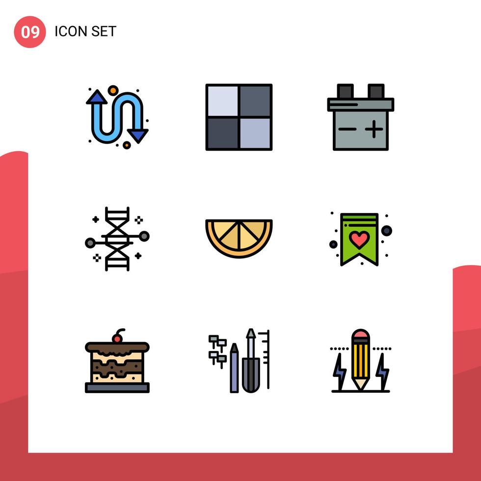 piktogram uppsättning av 9 enkel fylld linje platt färger av bageri handla lista dna favorit citron- redigerbar vektor design element
