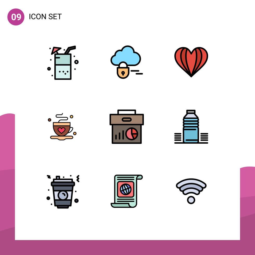 redigerbar vektor linje packa av 9 enkel fylld linje platt färger av ekonomi företag hjärta kärlek kaffe redigerbar vektor design element