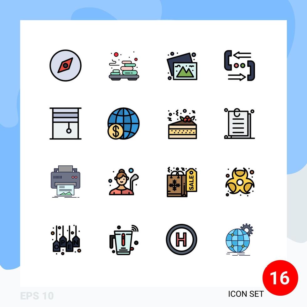 Stock Vector Icon Pack mit 16 Zeilenzeichen und Symbolen für Design-Telefonfotos helfen bei der Kommunikation, editierbare kreative Vektordesign-Elemente