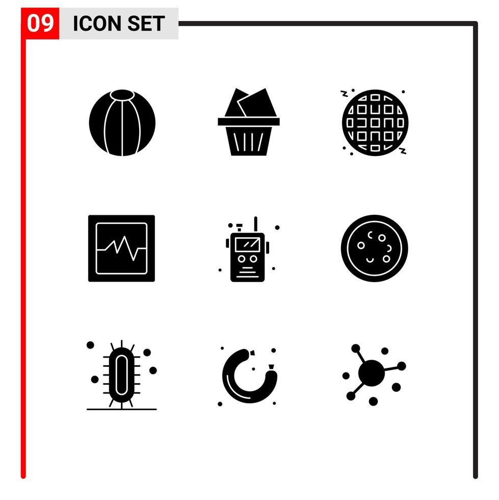9 universelle solide Glyphen für Web- und mobile Anwendungen eingestellt Biologie Feuer Essen Walkie Talkie Polizei Radio editierbare Vektordesign-Elemente vektor