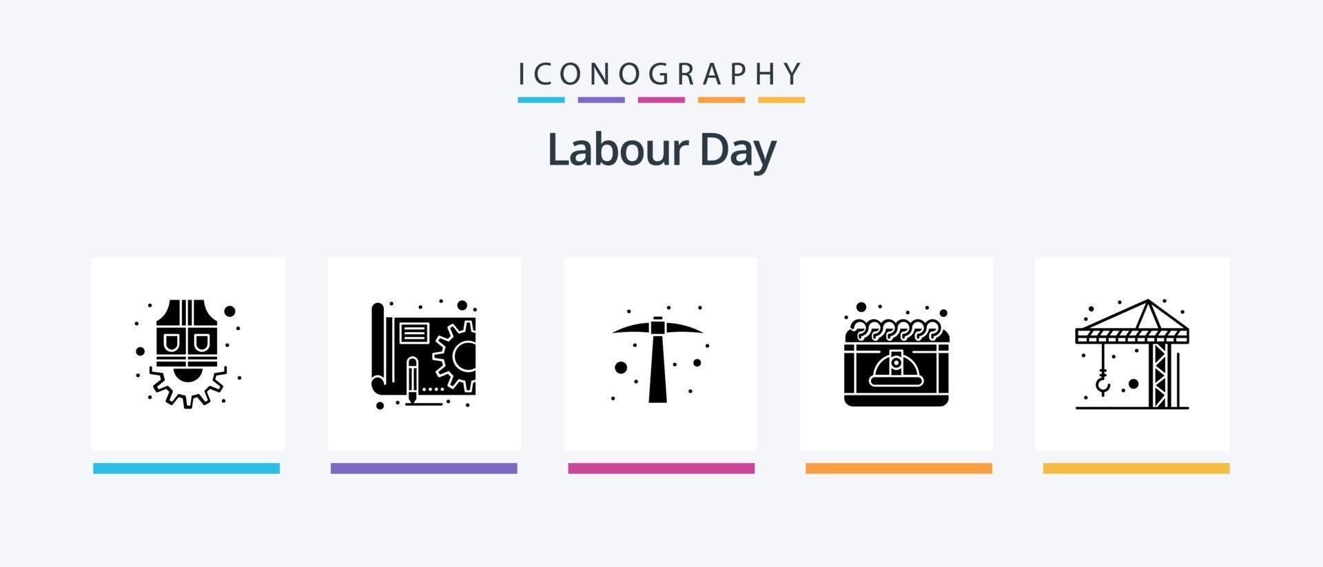 arbetskraft dag glyf 5 ikon packa Inklusive arkitektur. Maj. hård arbete. arbetskraft. kalender. kreativ ikoner design vektor