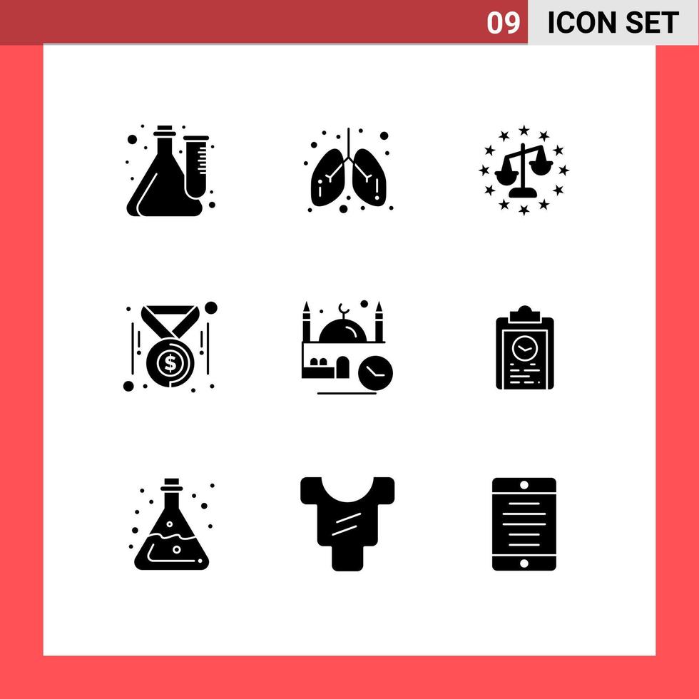 Packung mit 9 modernen soliden Glyphen Zeichen und Symbolen für Web-Printmedien wie Zeitdollar medizinische Münzen Gesetz editierbare Vektordesign-Elemente vektor