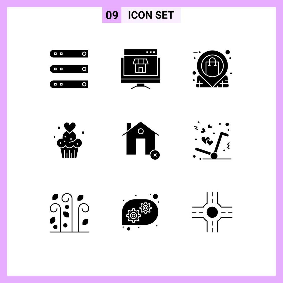 Solide Glyphenpackung mit 9 universellen Symbolen für Muffins Kuchen Online-Shop-Pin editierbare Vektordesign-Elemente vektor
