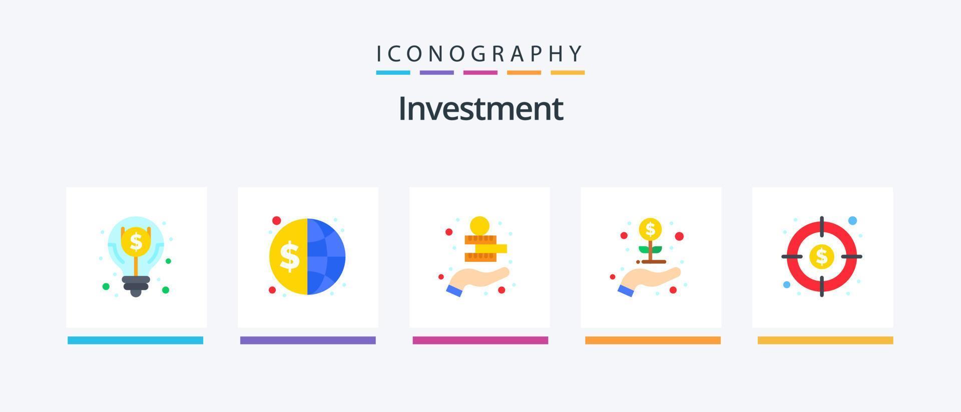 investering platt 5 ikon packa Inklusive pengar. börja. global. investering. tillgång. kreativ ikoner design vektor