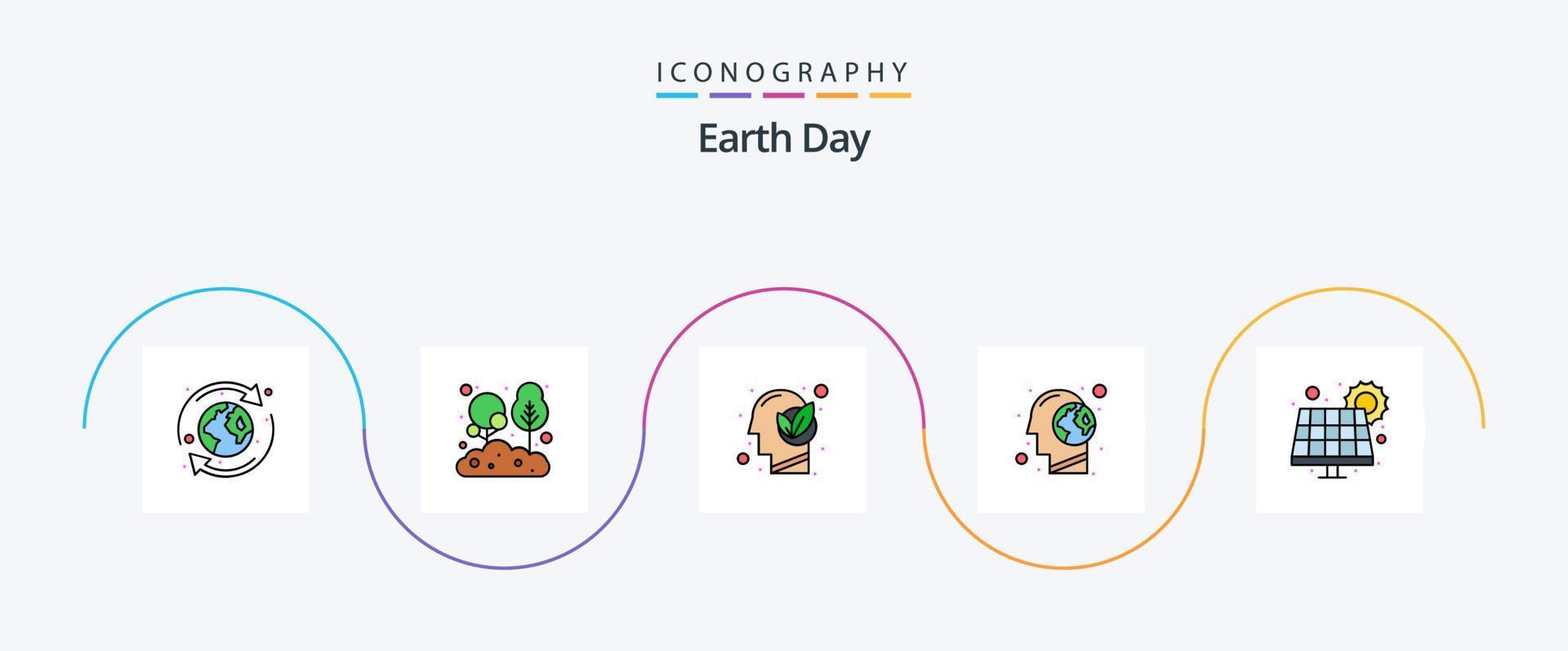 Earth Day Line gefüllt Flat 5 Icon Pack inklusive Energie. Planet. Baum. menschlich. Gehirn vektor