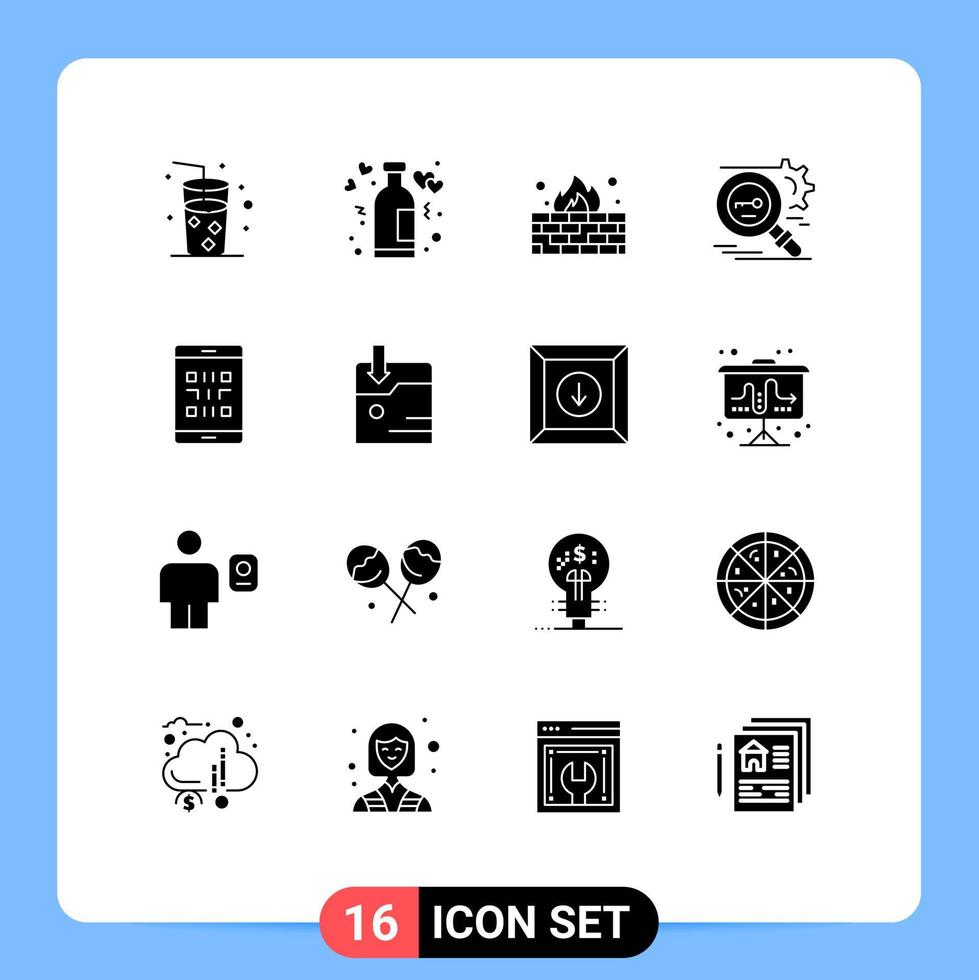 16 fast glyf begrepp för webbplatser mobil och appar koda säkra antivirus forskning nyckel redigerbar vektor design element