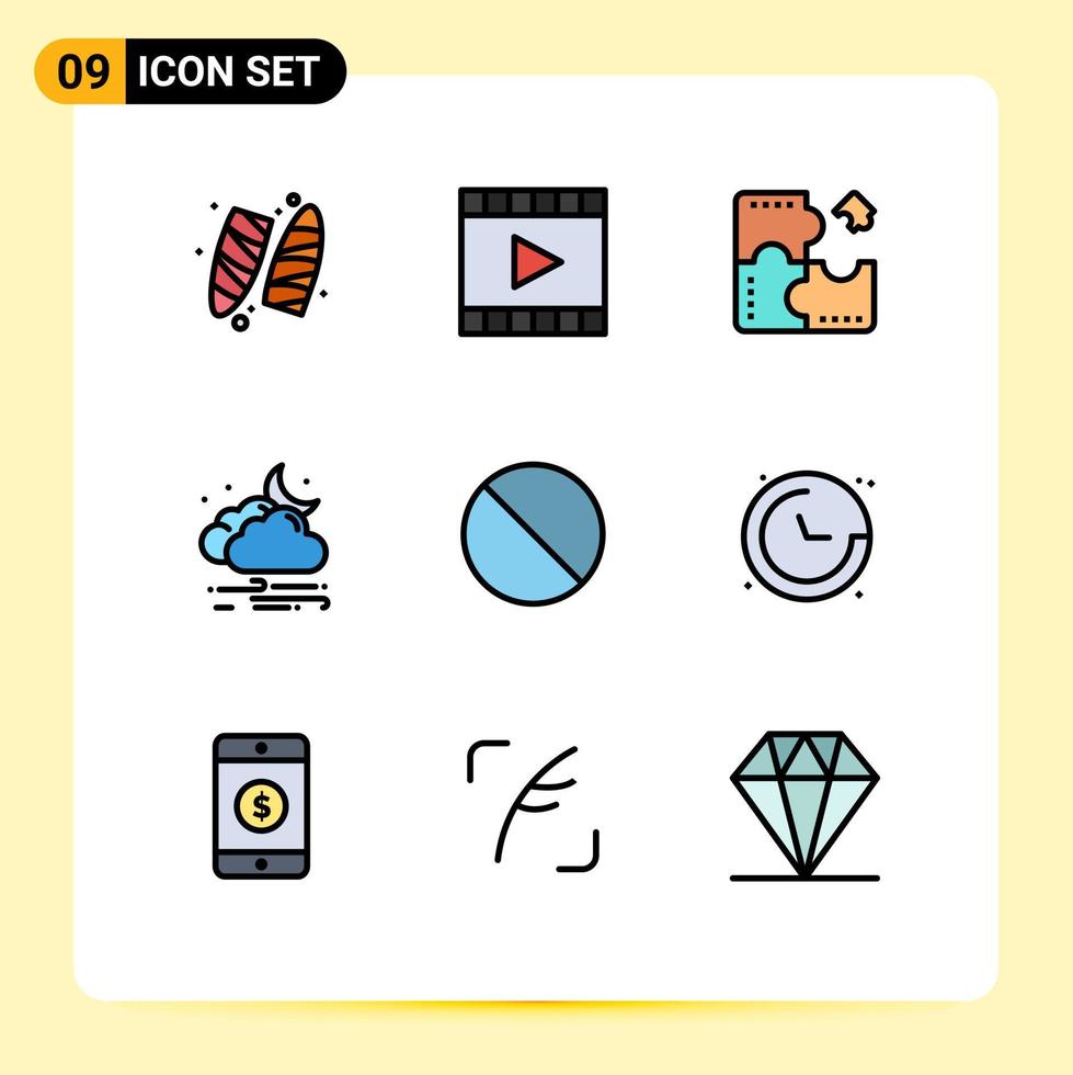 Packung mit 9 modernen Filledline-Flachfarben Zeichen und Symbolen für Web-Printmedien wie Mondwind-Videoplayer-Wetterpuzzle editierbare Vektordesign-Elemente vektor