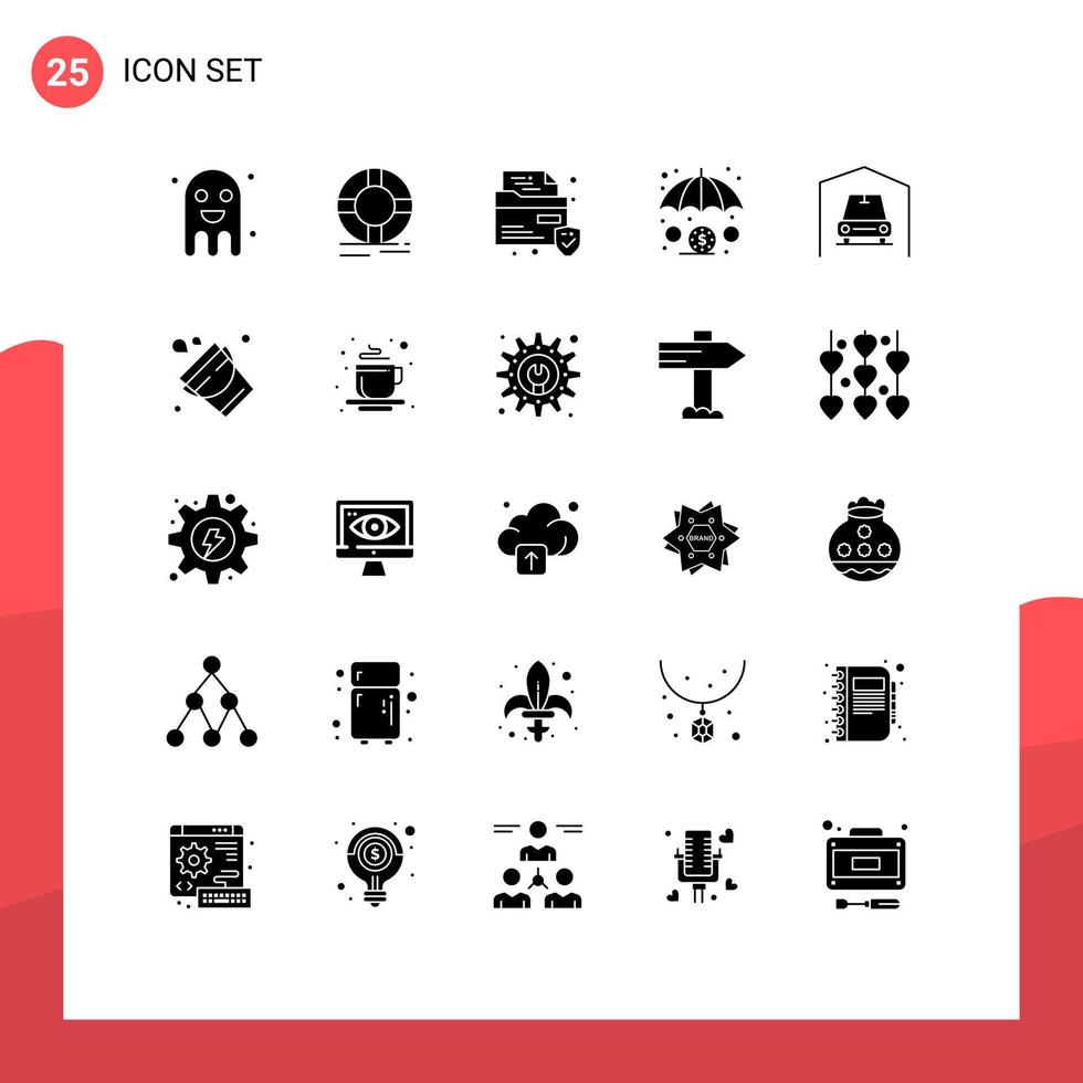 Mobile Schnittstelle solider Glyph-Satz von 25 Piktogrammen von Van-Investitionsschutz-Versicherungssicherheit editierbare Vektordesign-Elemente vektor