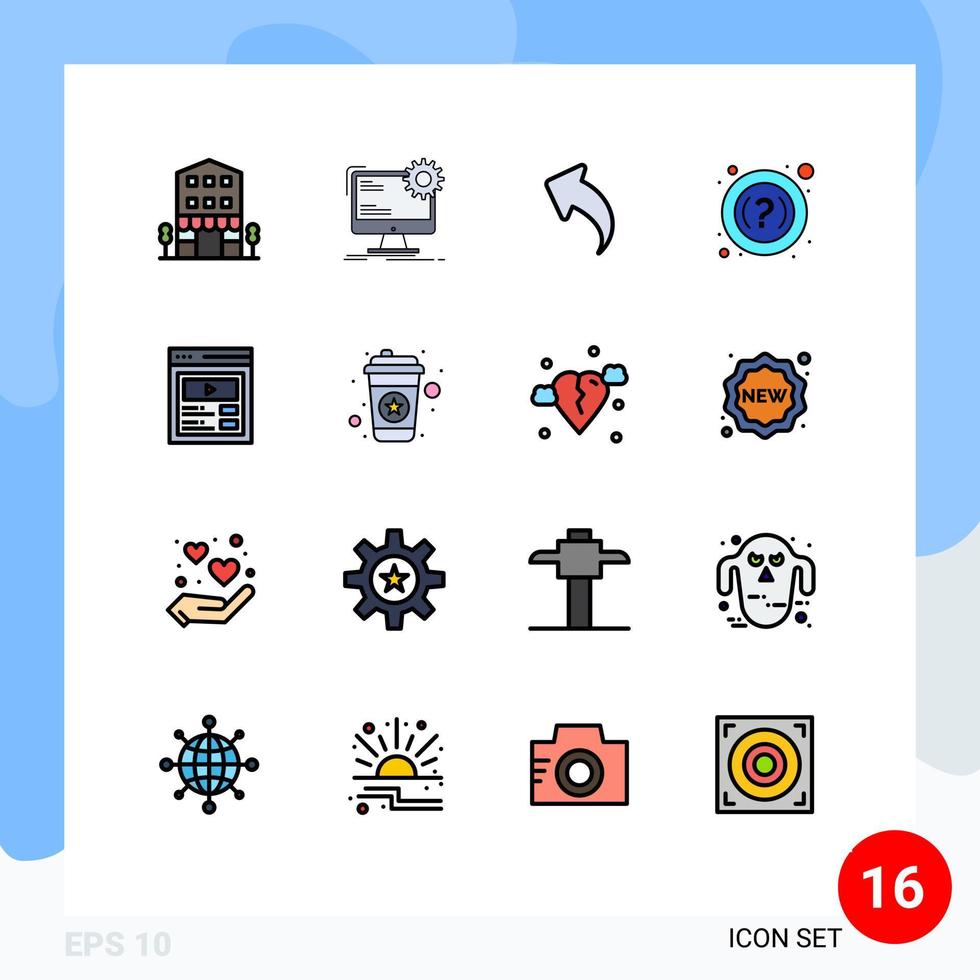 Gruppe von 16 flachen, farbgefüllten Linienzeichen und Symbolen für Video-Support-Sites unterstützen editierbare kreative Vektordesign-Elemente vektor