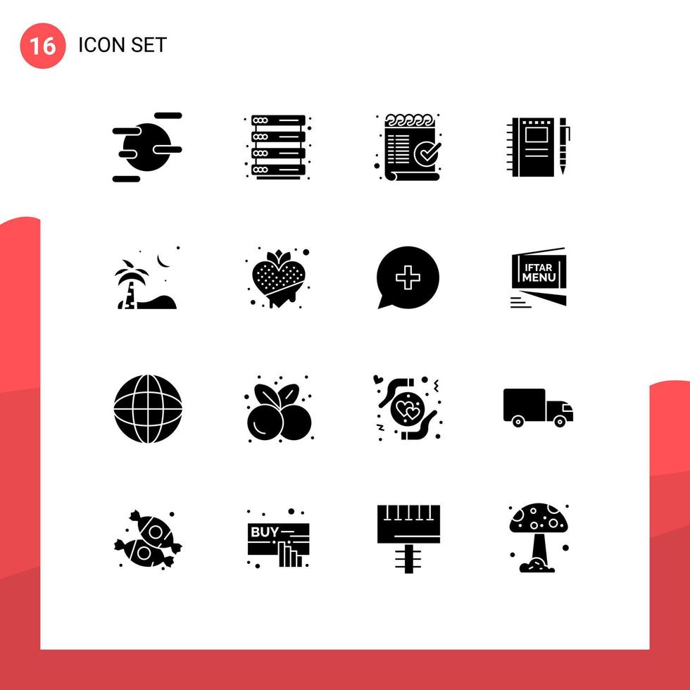 uppsättning av 16 vektor fast glyfer på rutnät för strand skiss lista penna teckning redigerbar vektor design element